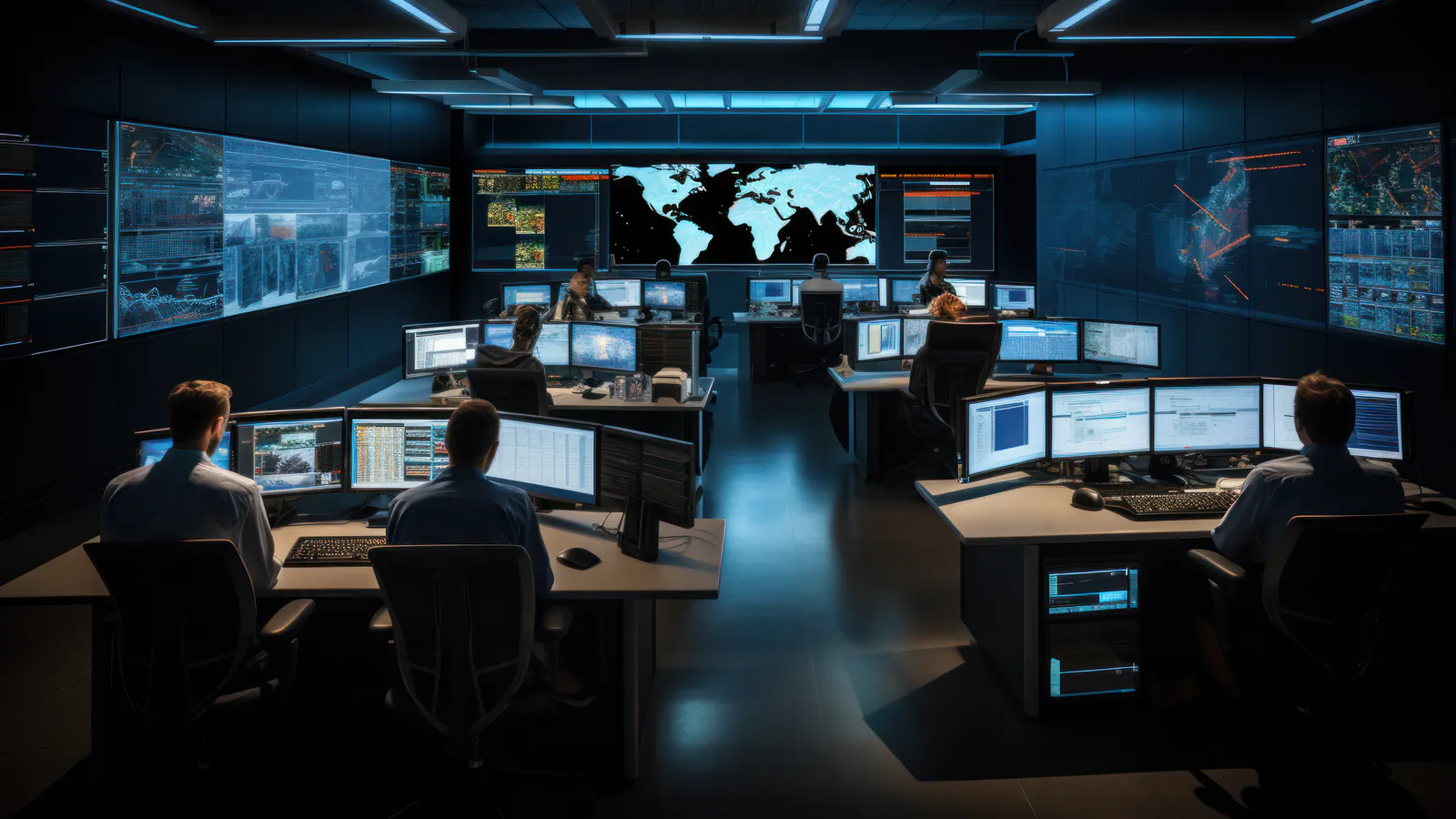 Security operations specialists reviewing monitored events