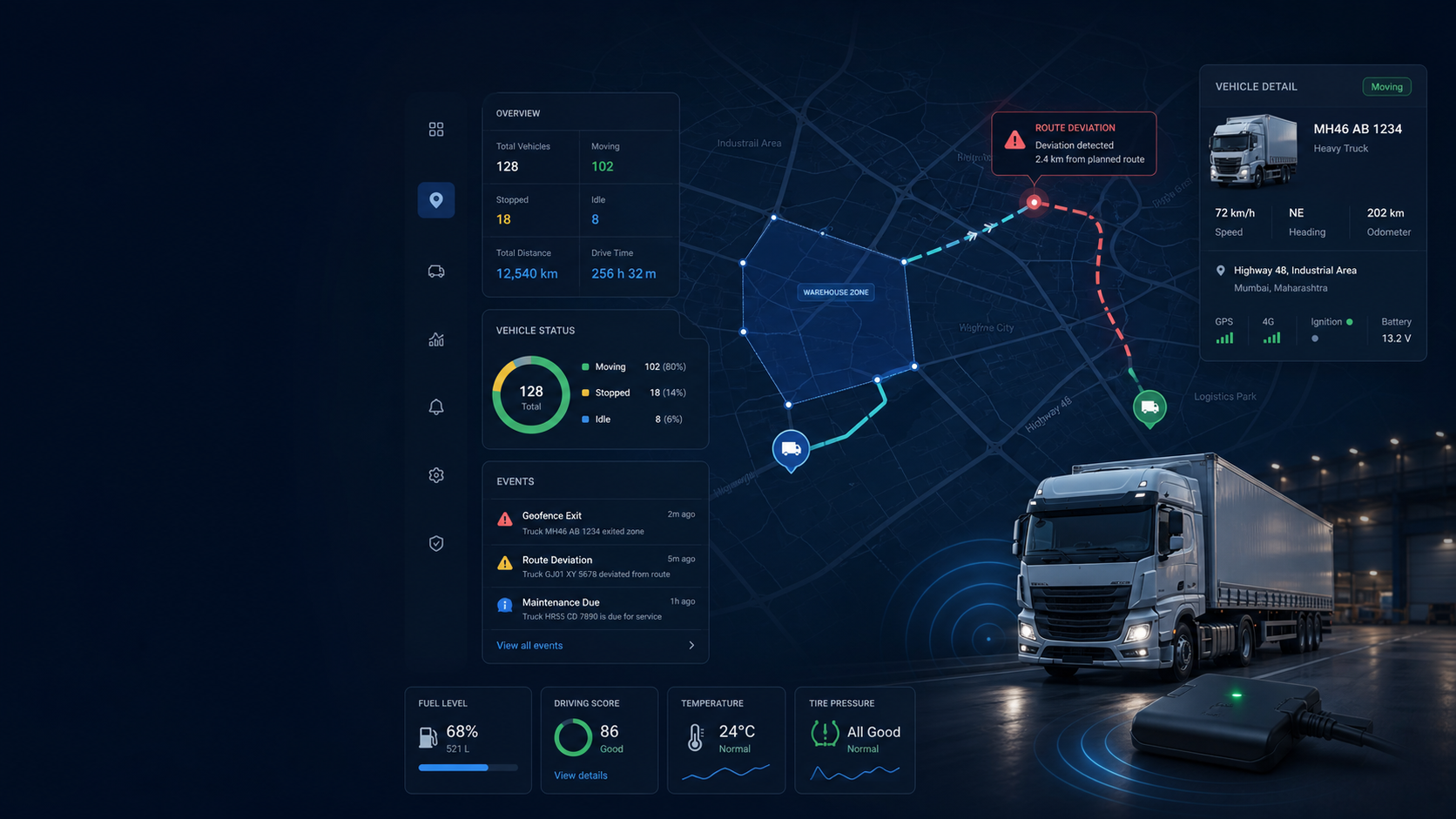 Ravtar Track dashboard concept showing live vehicle route, route deviation alert, geofence context, vehicle status and connected GPS device data