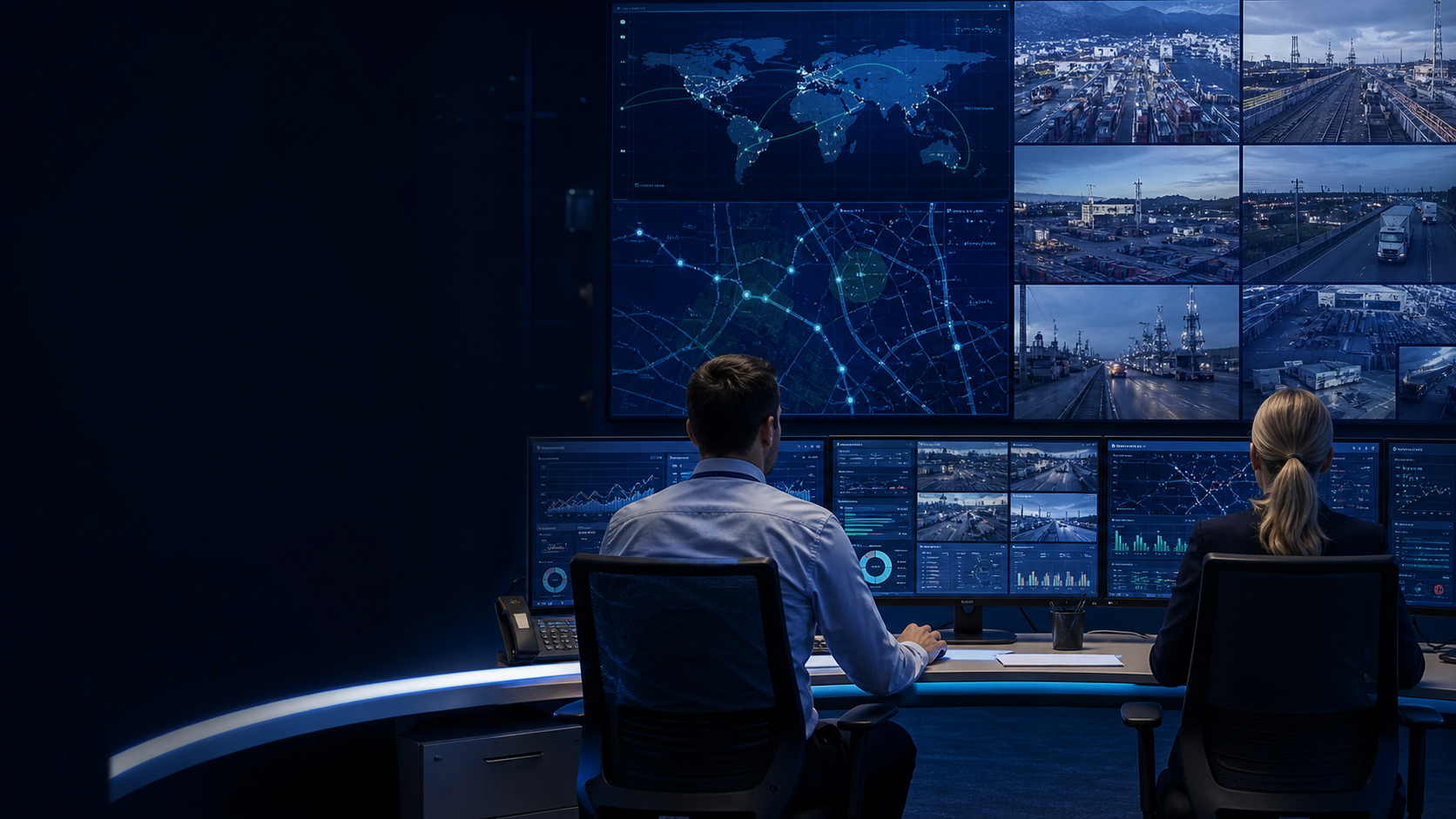 Security operations specialists monitoring logistics and industrial environments